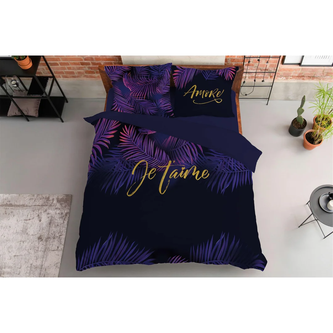 Pościel bawełniana 160x200 Je t`aime fioletowe liście czarna granatowa 4415 A Holland Home 45