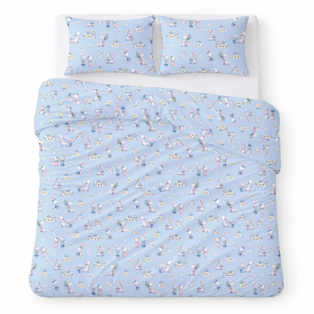 Pościel bawełniana 160x200 niebieska w króliczki i kwiatki, wzór dziecięcy nowoczesny – COTTON HOME KIDS