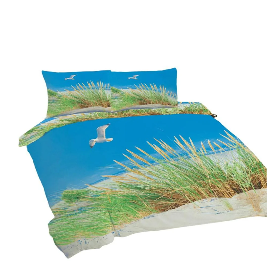 Pościel bawełniana 160x200 Plaża mewy trawa niebieska zielona Universal Matex