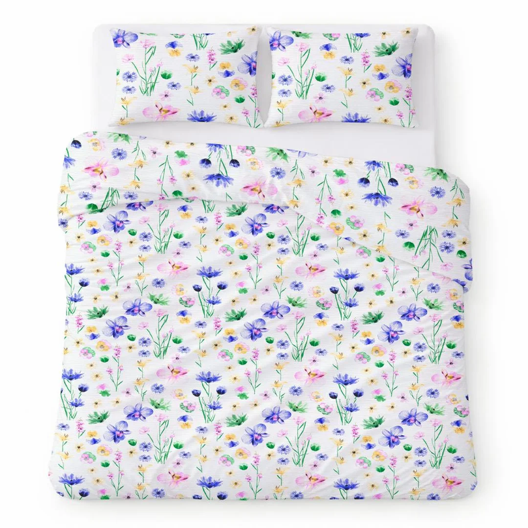 Pościel bawełniana 200x220 biała w kolorowe kwiaty łąkowe nowoczesny wzór - COTTON HOME