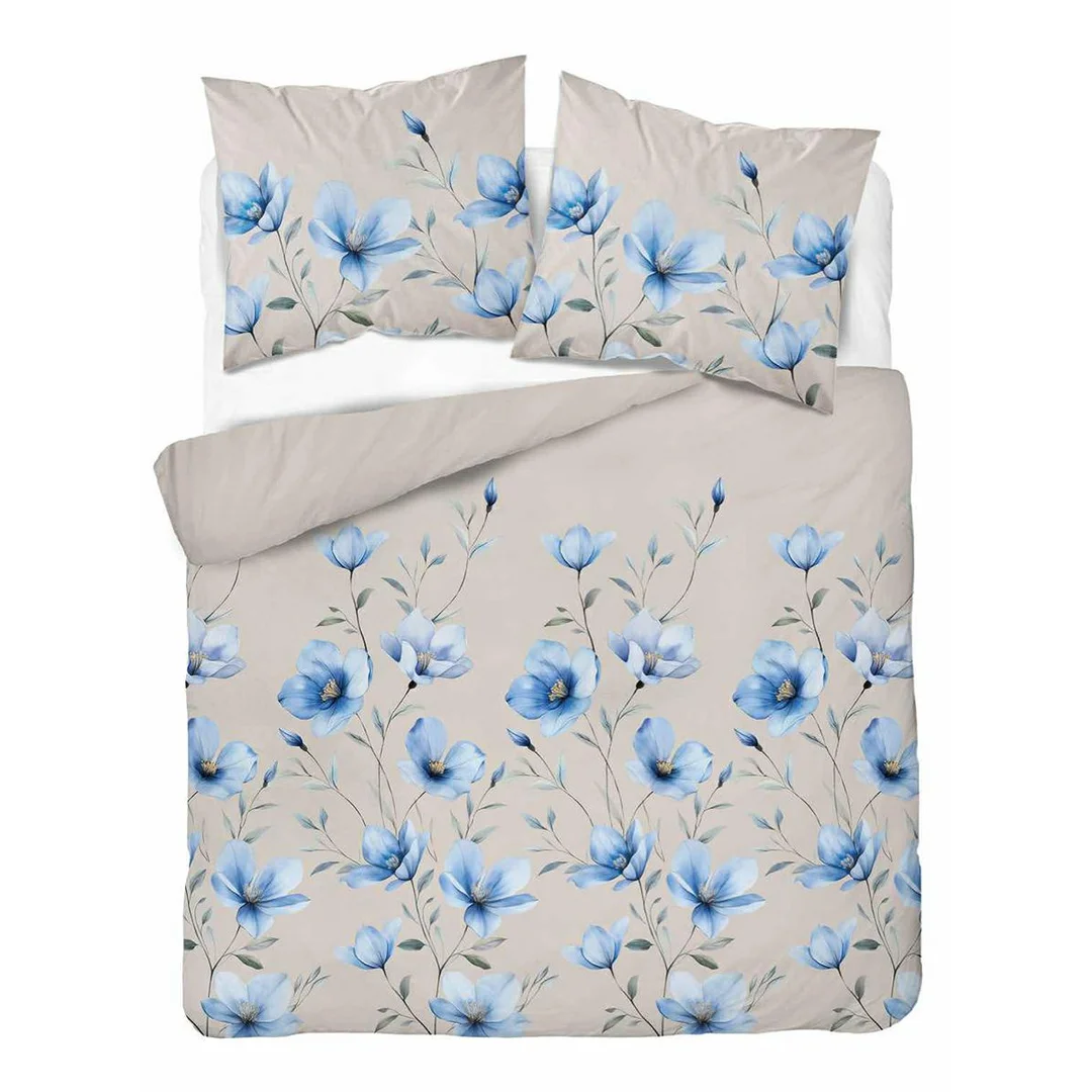 Pościel bawełniana 220x200 beżowa w niebieskie kwiaty magnolii - 5752 B - Floral Harmony