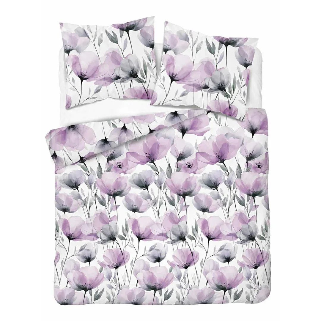 Pościel bawełniana 220x200 biała w akwarelowe fioletowe kwiaty - 5762 A - Floral Harmony
