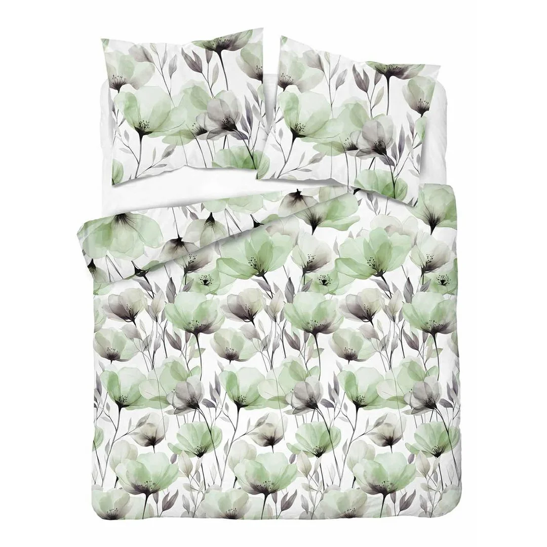 Pościel bawełniana 220x200 biała w akwarelowe zielone kwiaty - 5762 B - Floral Harmony