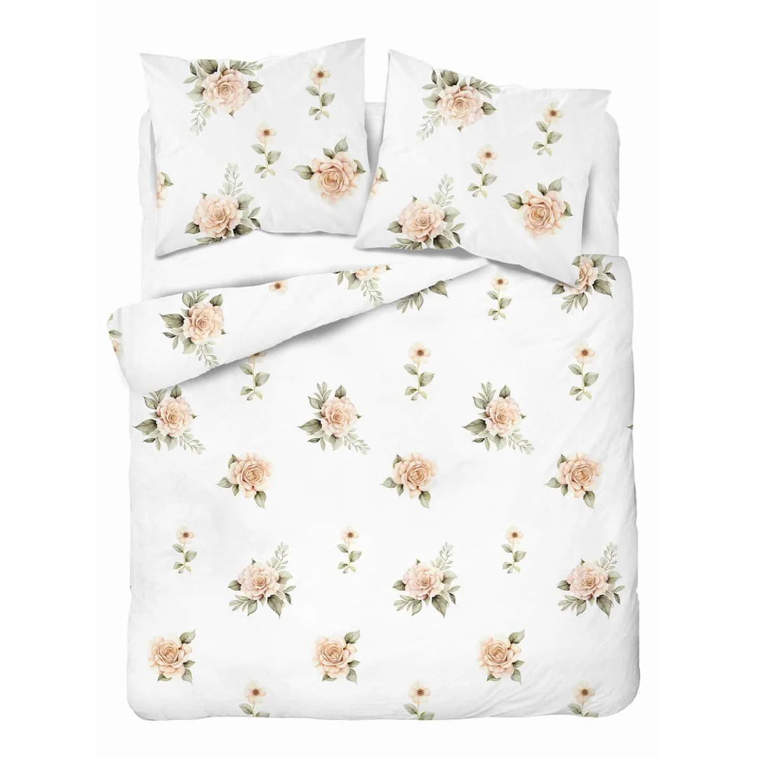 Pościel bawełniana 220x200 Biała w beżowe róże – elegancki wzór vintage, 100% bawełna - 5342 A - Soft Meadow