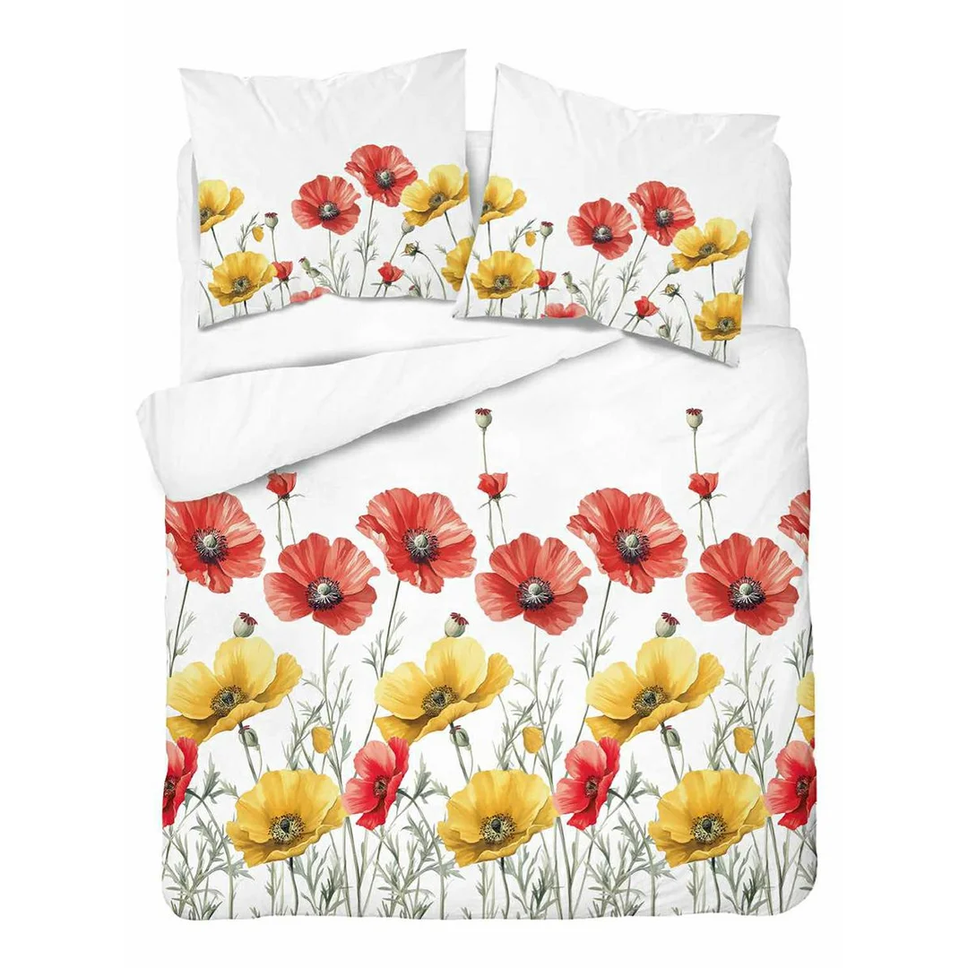 Pościel bawełniana 220x200 biała w czerwone i żółte maki - 5758 A - Floral Harmony