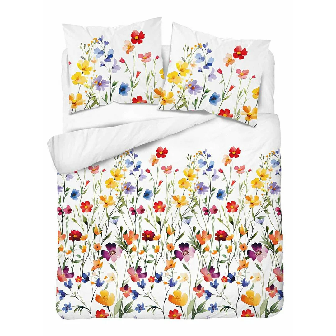 Pościel bawełniana 220x200 biała w kolorowe kwiaty łąkowe - 5761 A - Floral Harmony