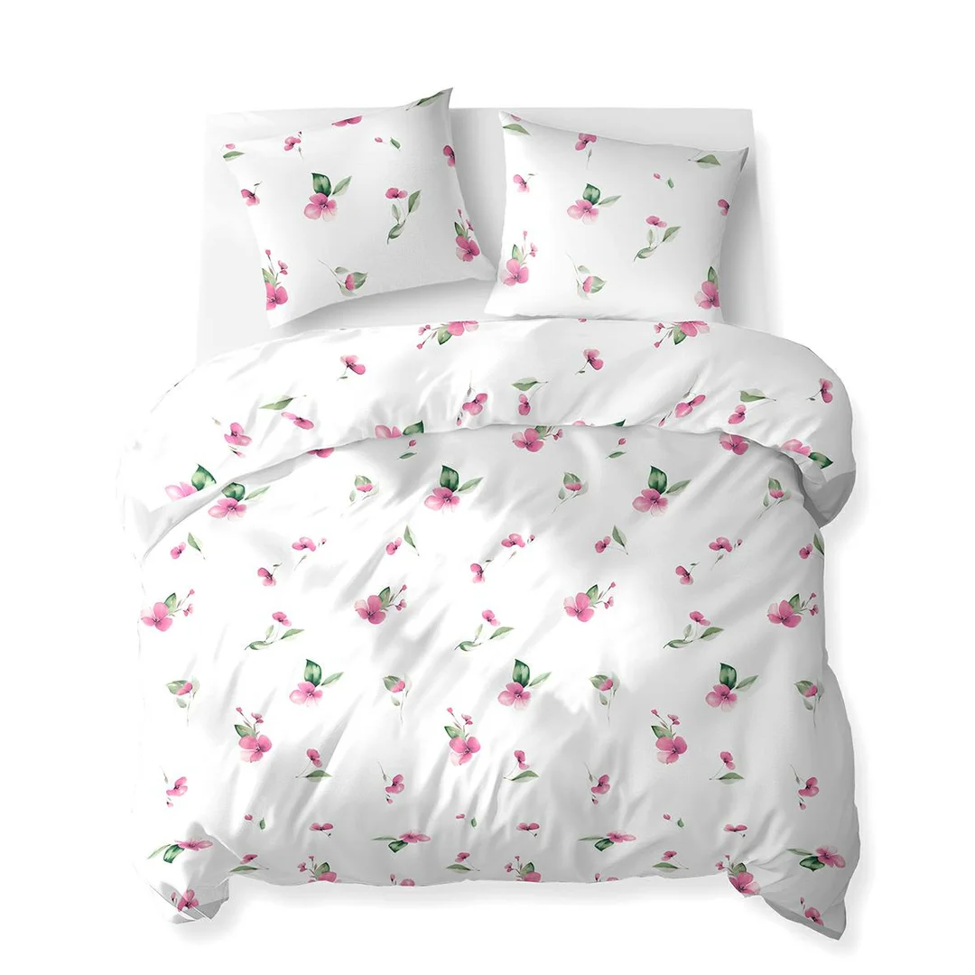 Pościel bawełniana 220x200 biała w różowe kwiaty z zielonymi liśćmi – 5769 A – Cotton Bloom