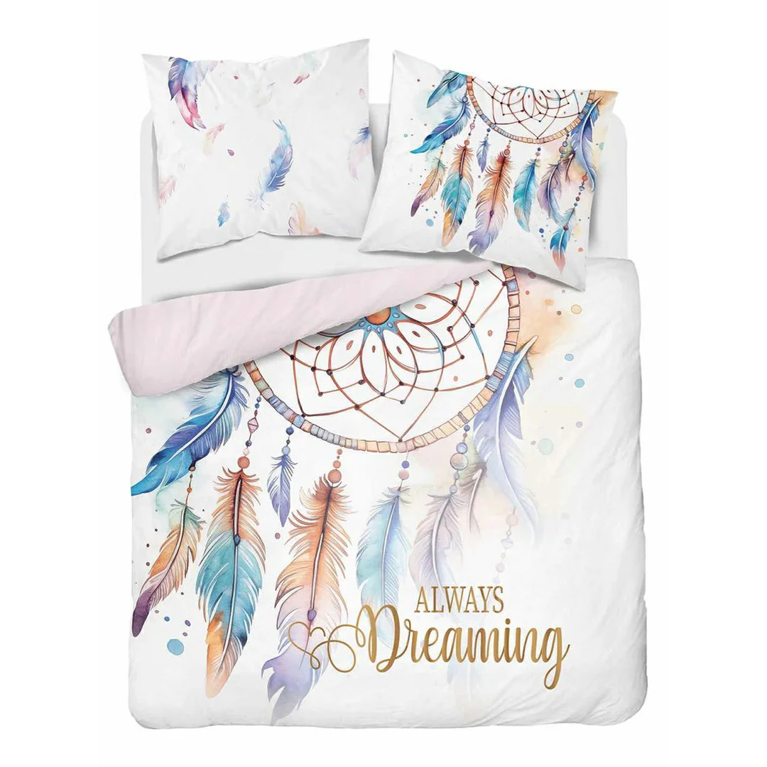 Pościel bawełniana 220x200 biała w stylu boho z łapaczem snów i piórami Always Dreaming – 5834 A – komplet pościeli całorocznej Floral Elegance