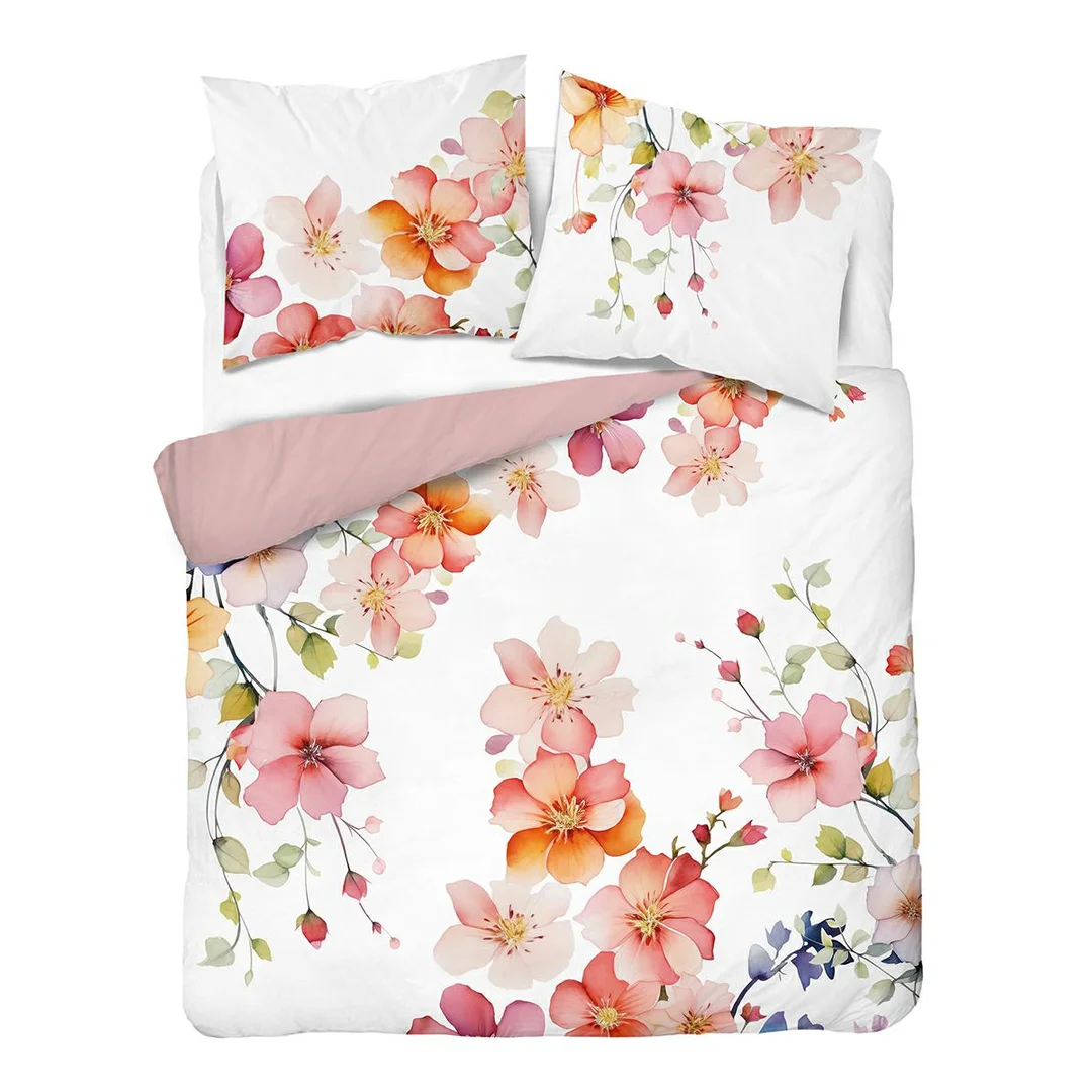 Pościel bawełniana 220x200 biało-różowa dwustronna w pastelowe kwiaty – 5837 A – komplet pościeli całorocznej Floral Elegance