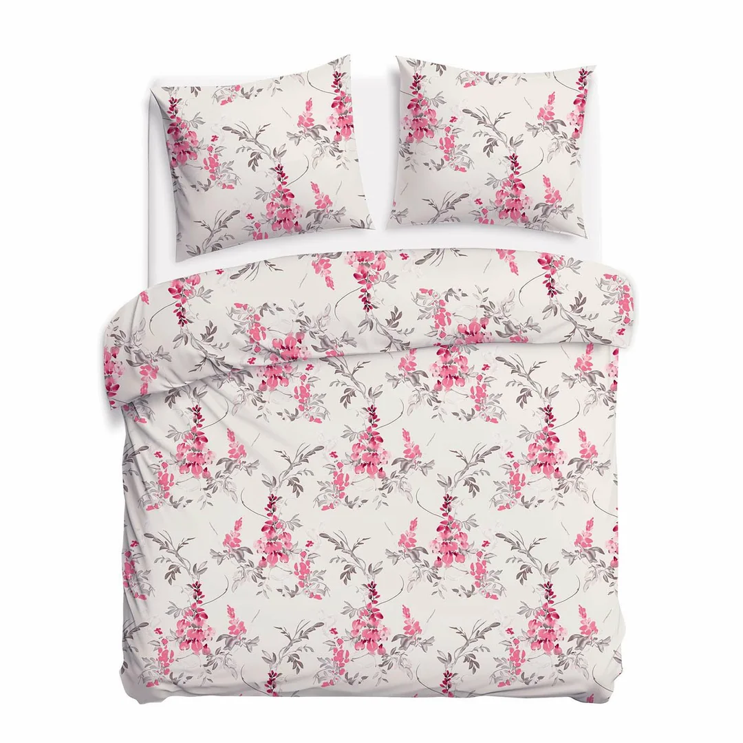Pościel bawełniana 220x200 jasna szara w różowe kwiaty i brązowe gałązki – CottonLove