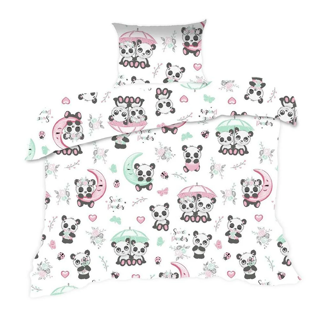 Pościel bawełniana 90x120 667K pandy biała kolorowa Kids 24 z poszewką 40x60