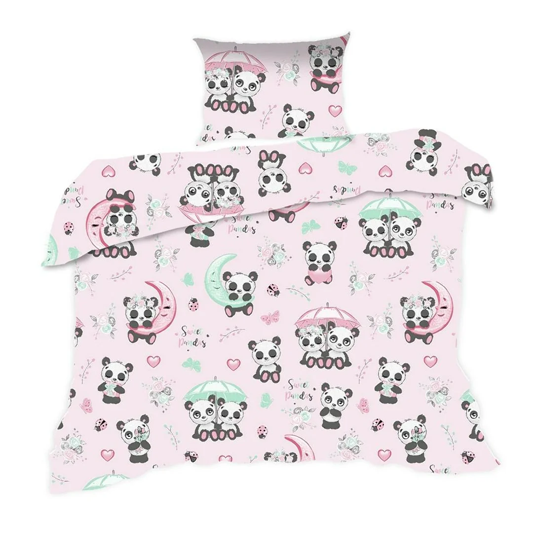 Pościel bawełniana 90x120 669K pandy różówa kolorowa Kids 24 z poszewką 40x60
