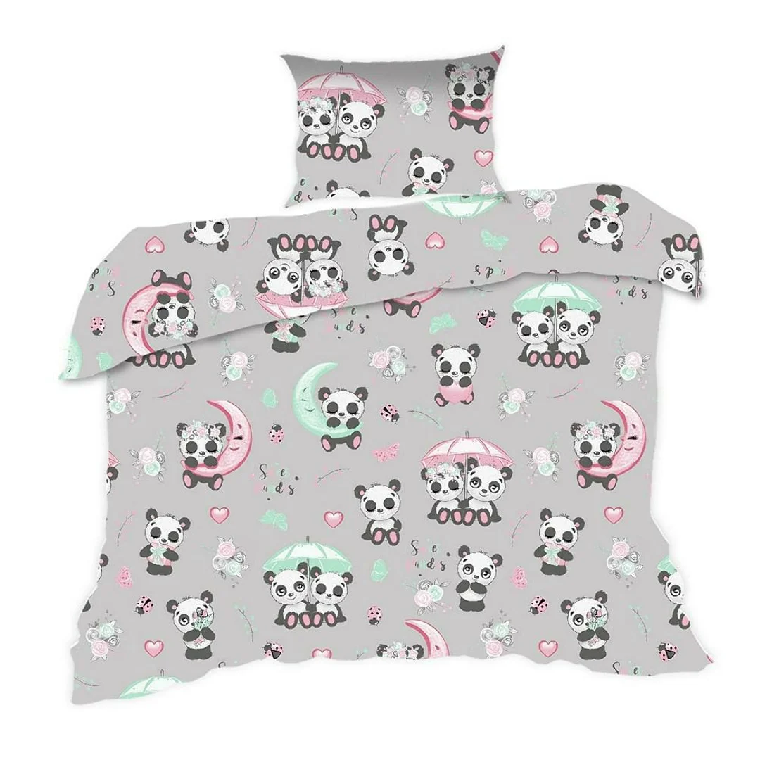 Pościel bawełniana 90x120 670K pandy szara kolorowa Kids 24 z poszewką 40x60
