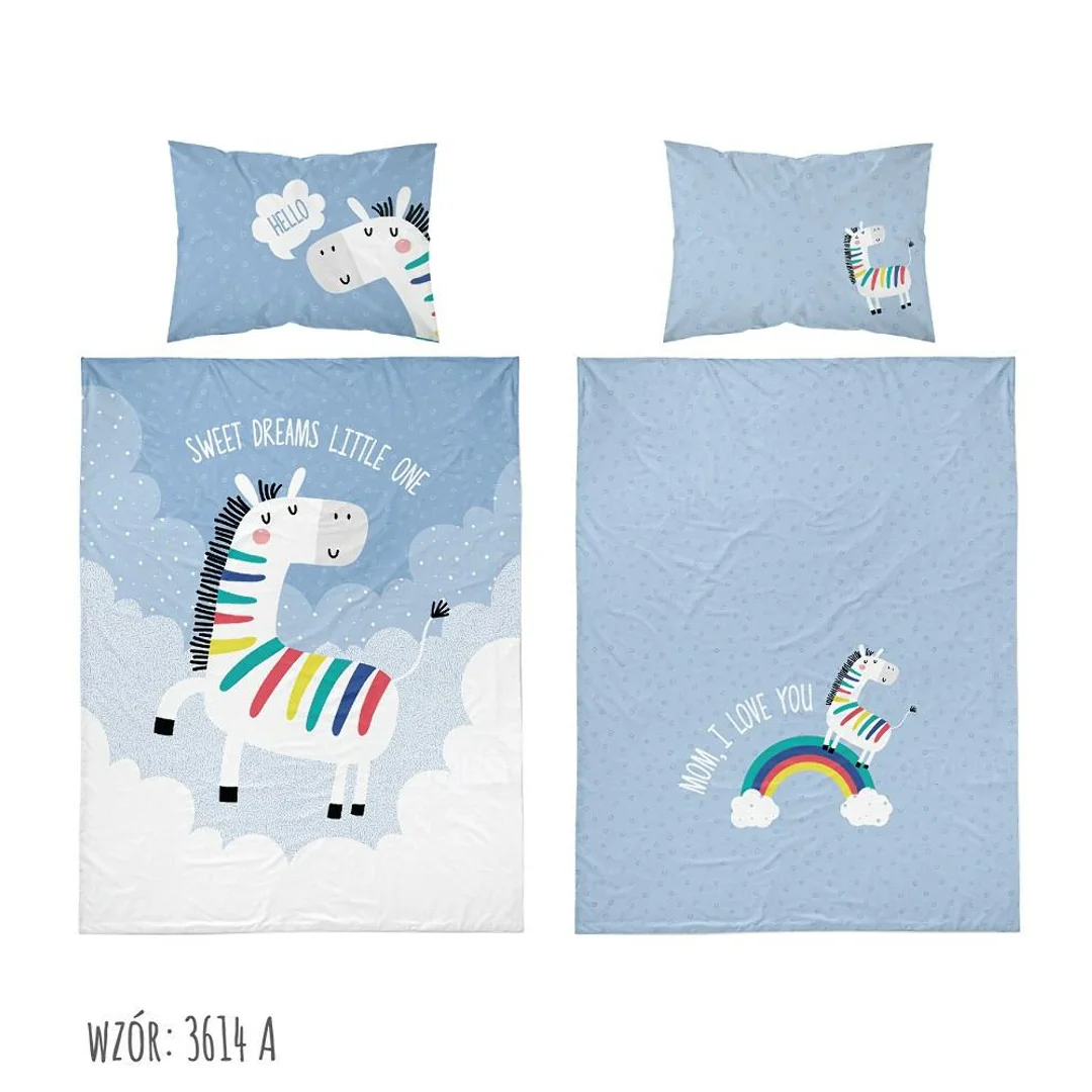 Pościel bawełniana 90x120 Jednorożec 3614 A niebieska biała chmury tęcza dziecięca Kids 1