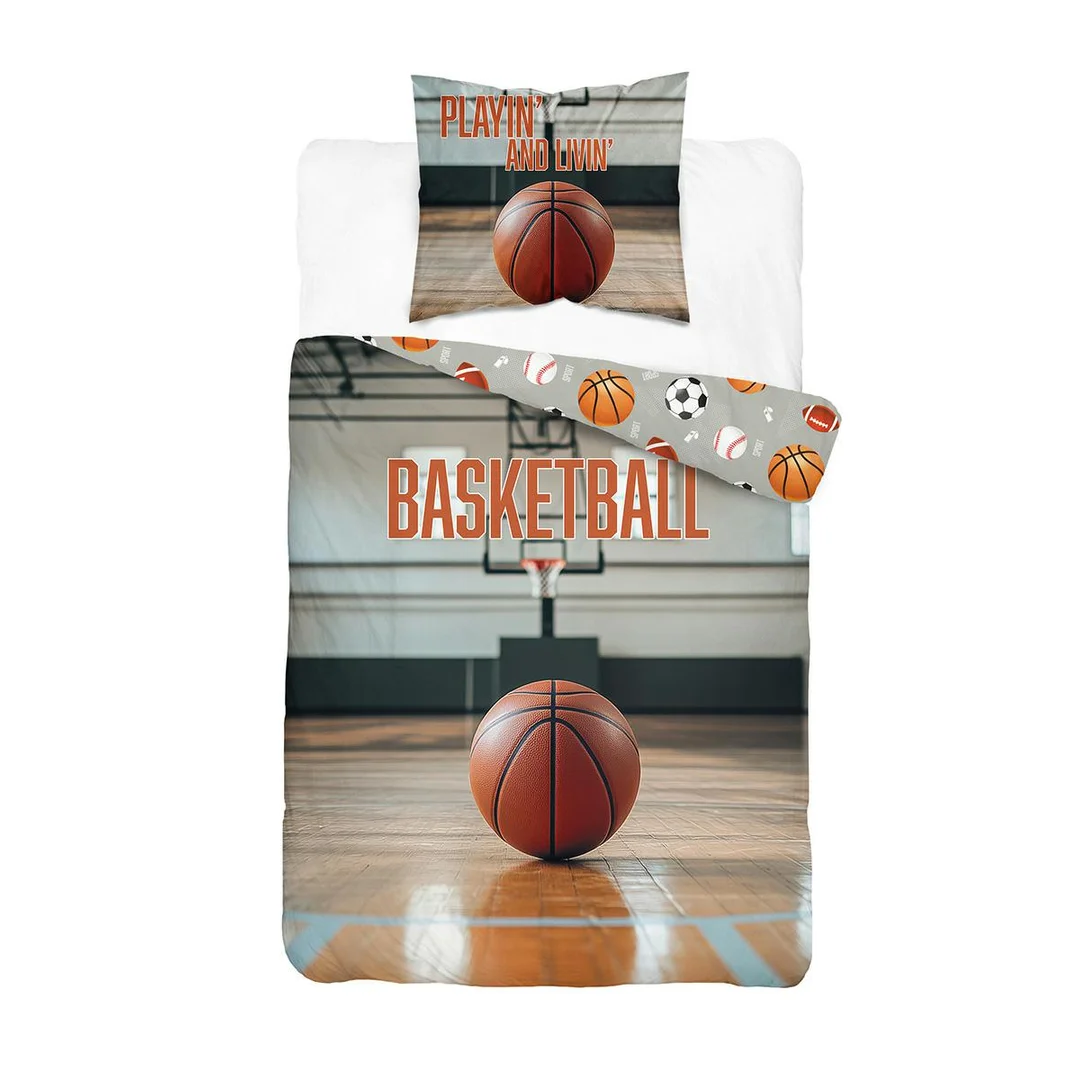 Pościel bawełniana młodzieżowa 140x200 szara z motywem koszykówki Basketball – 5866 A – Dream Collection
