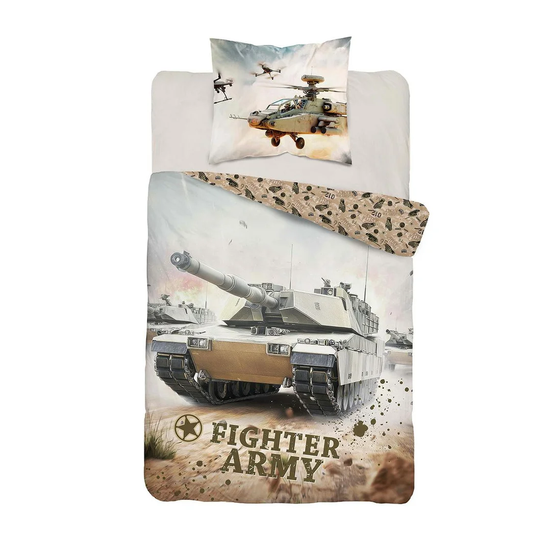Pościel bawełniana młodzieżowa 160x200 piaskowa z czołgiem Fighter Army – 5864 A – Dream Collection