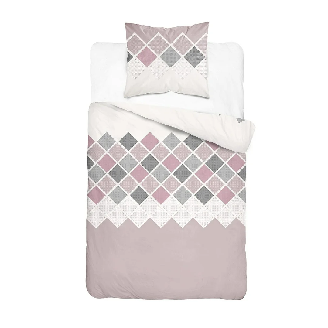 Pościel flanelowa 140x200 beżowa różowa w romby - 6036 B - Flanela 2026