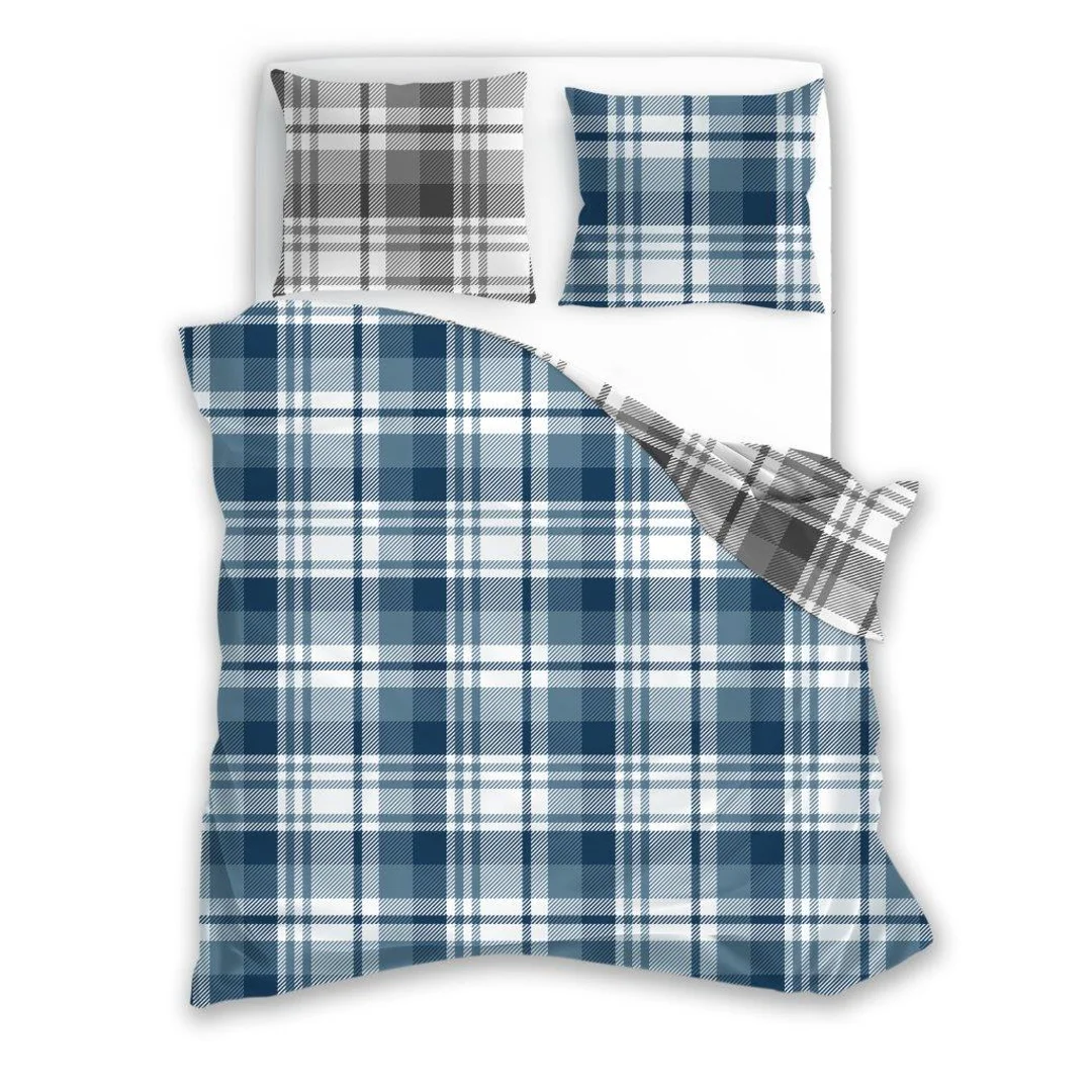 Pościel flanelowa 140x200 Pure Flannel 010 niebieska biała kratka Faro