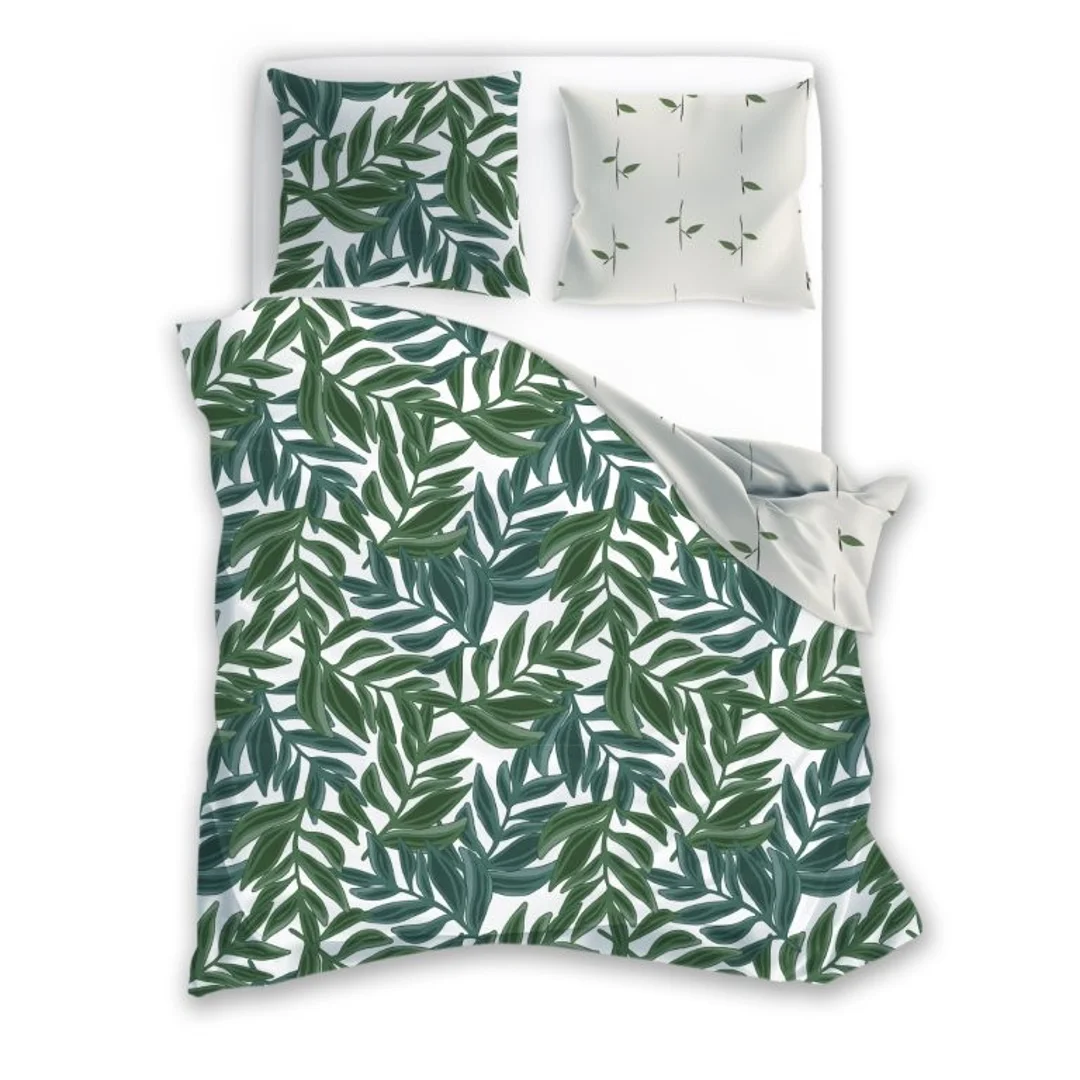 Pościel flanelowa 140x200 Pure Flannel 021 zielona kremowa liście z jedną poszewką Faro
