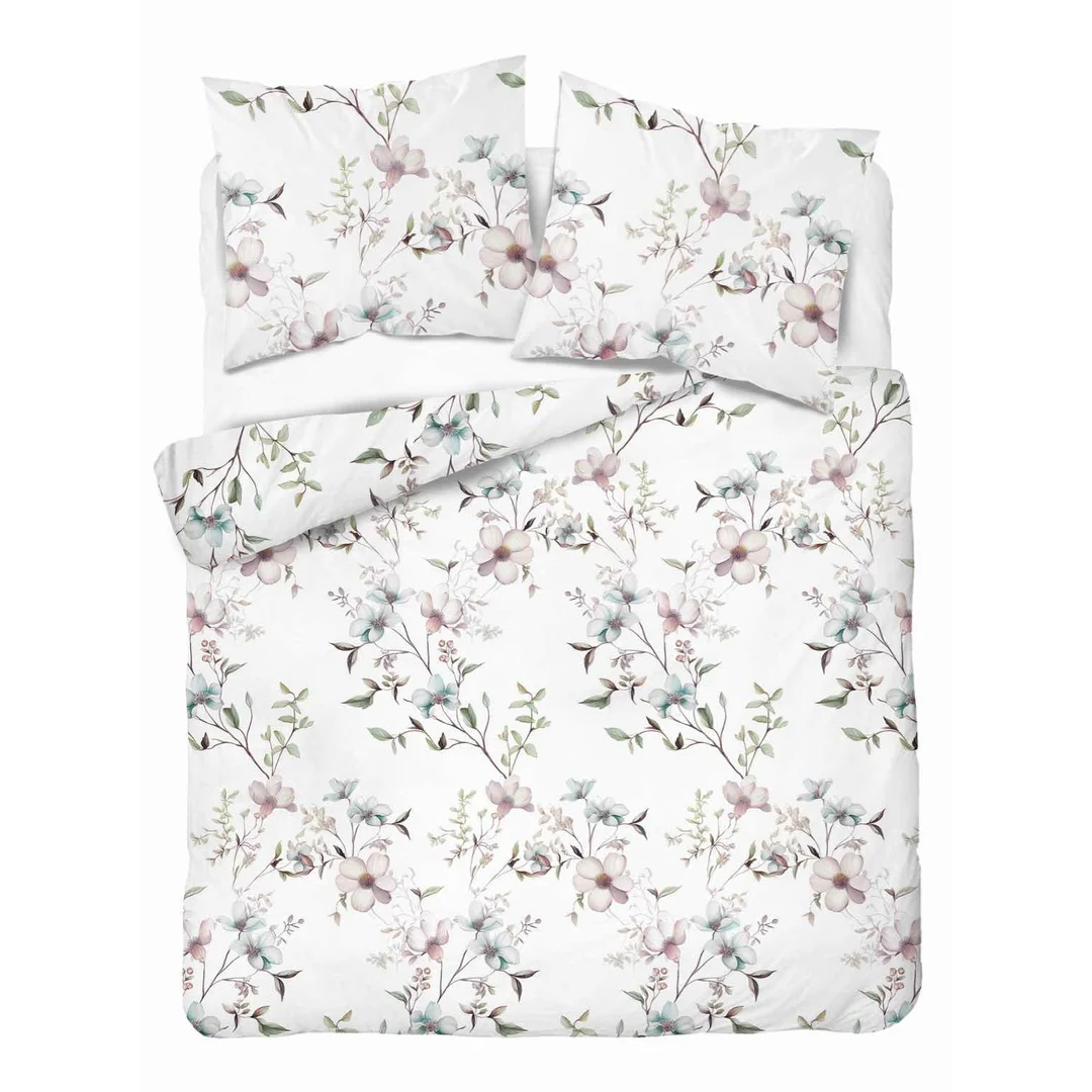 Pościel flanelowa 220x200 biała w kwiaty pudrowe i błękitne - Pastel Flowers - 5635 B
