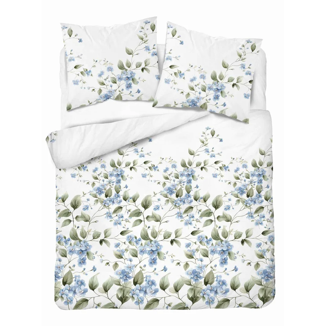 Pościel flanelowa 220x200 biała w niebieskie kwiaty - Pastel Flowers - 5626 A