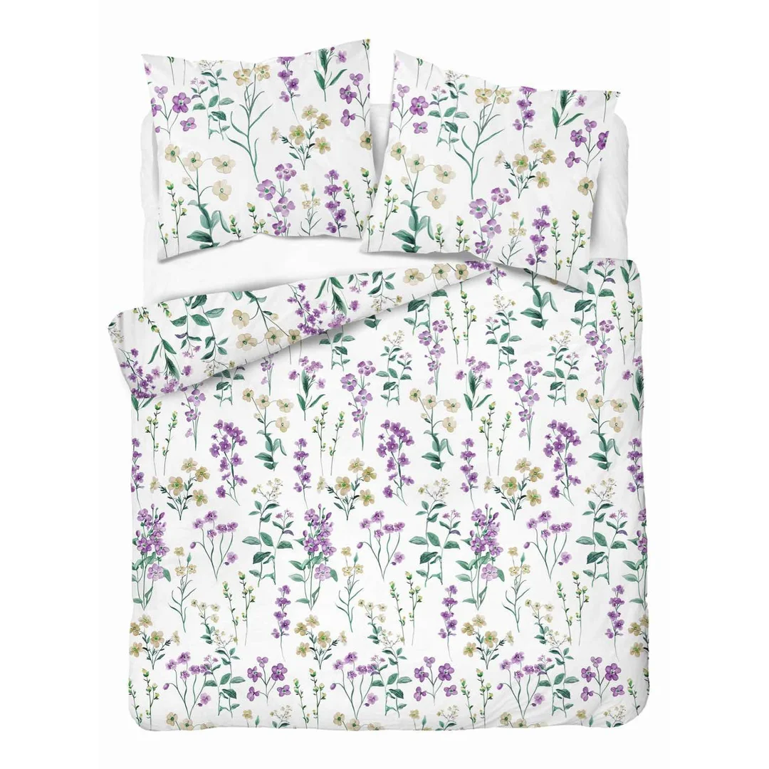 Pościel flanelowa 220x200 biała w polne kwiaty fioletowo-żółte - Pastel Flowers - 5634 B