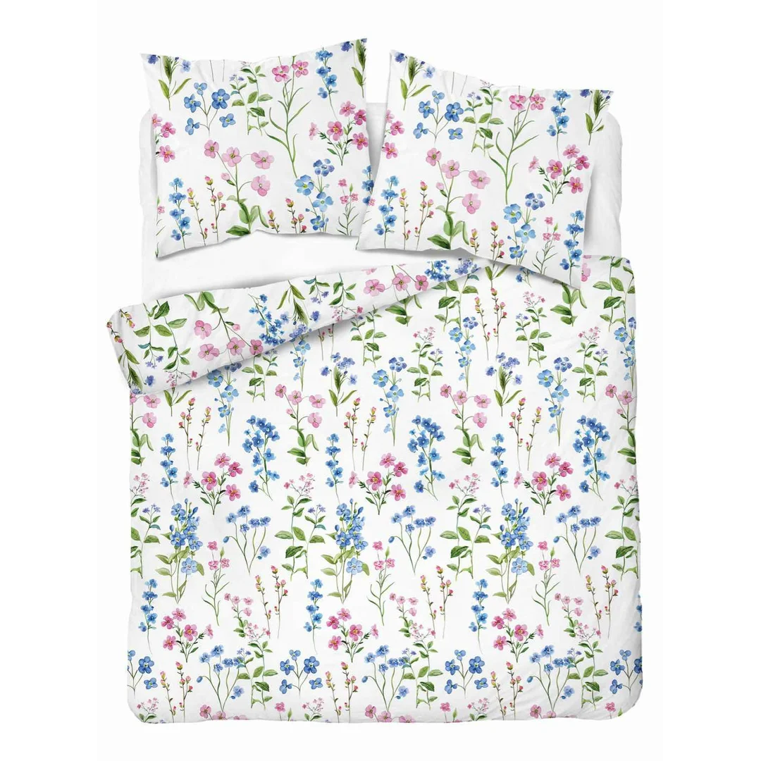 Pościel flanelowa 220x200 biała w polne kwiaty niebiesko-różowe - Pastel Flowers - 5634 A
