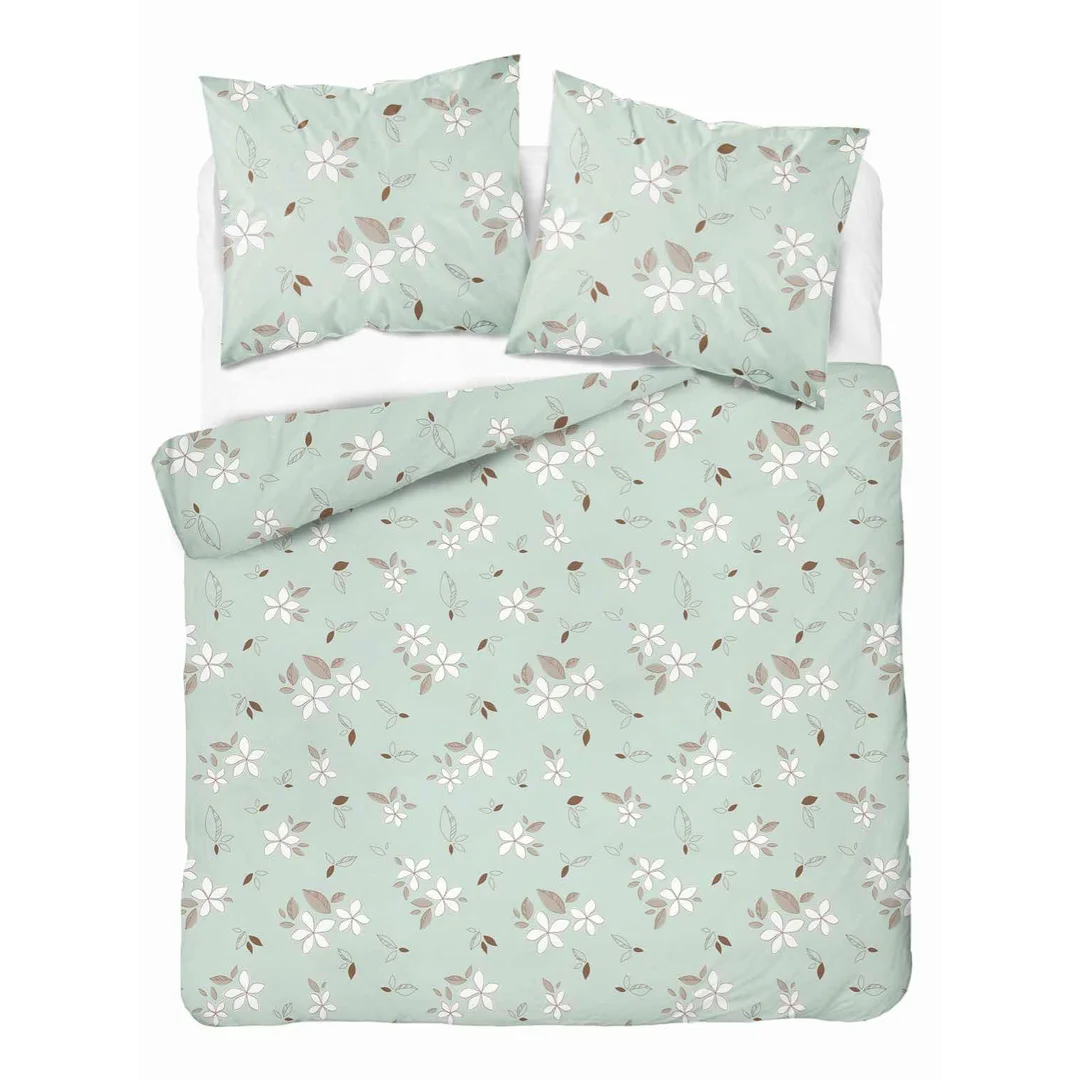 Pościel flanelowa 220x200 miętowa w białe kwiaty i liście - Pastel Flowers - 5632 B