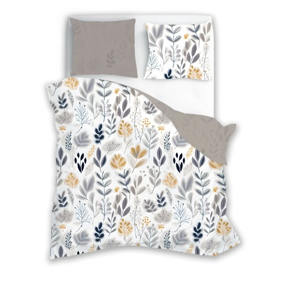 Pościel flanelowa 220x200 Pure Flannel 019 beżowa szara liście Faro