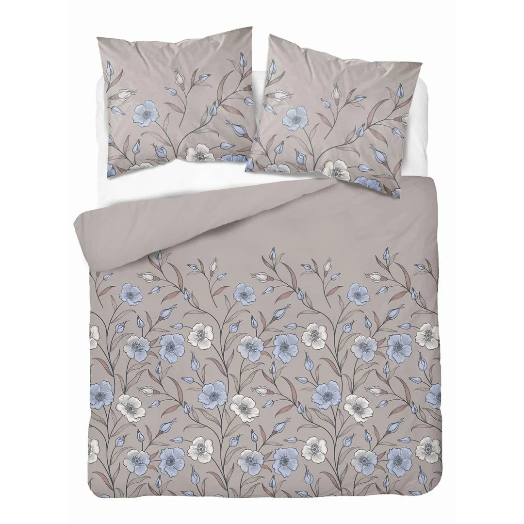 Pościel flanelowa 220x200 taupe w polne kwiaty błękitne - Pastel Flowers - 5633 A
