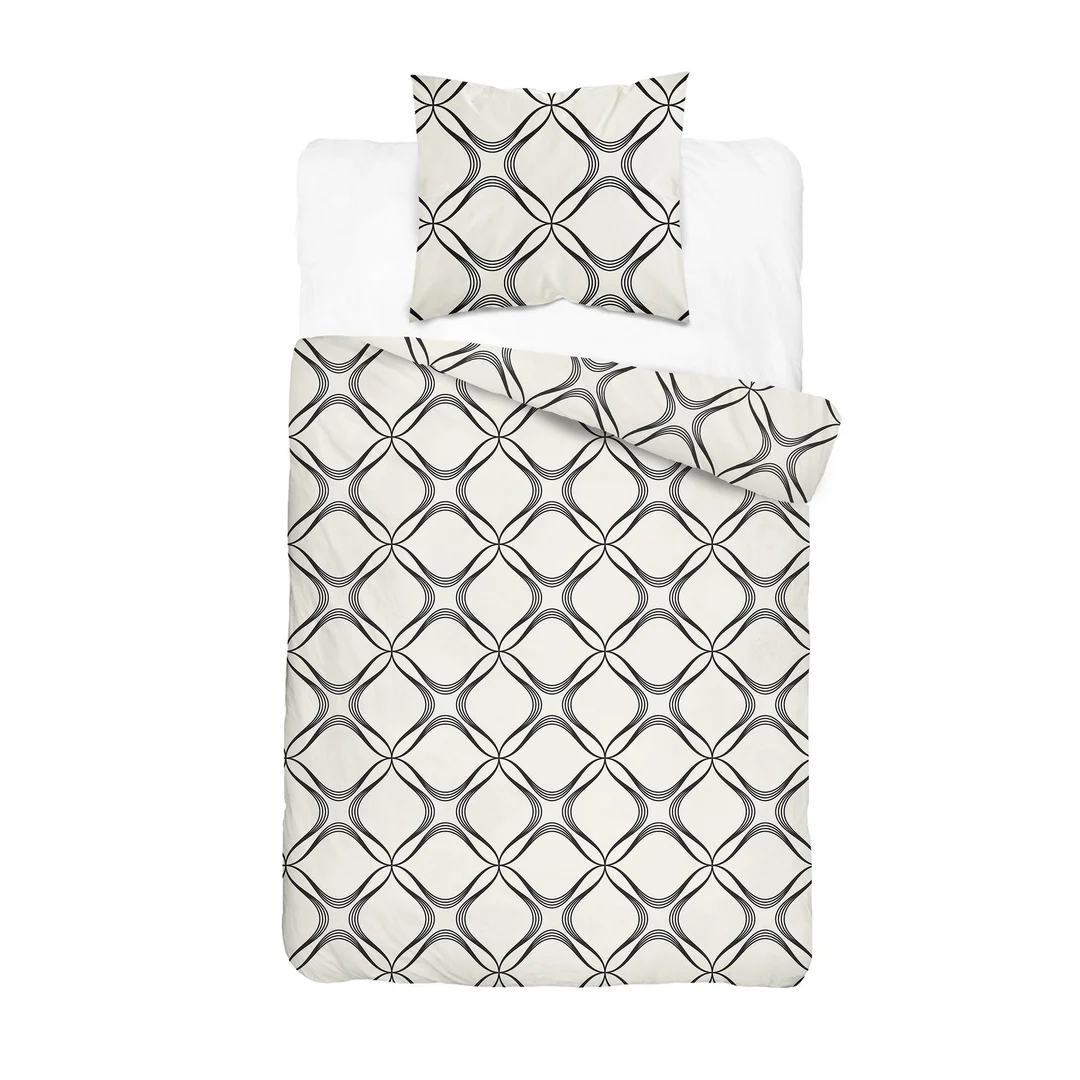 Pościel satynowa 140x200 biała szara w geometryczny ornament - 6070 A - Home Satin