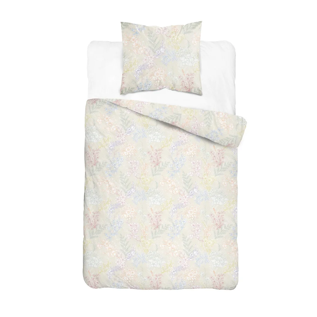 Pościel satynowa 140x200 biała w pastelowy roślinny wzór - 6064 A - Home Satin