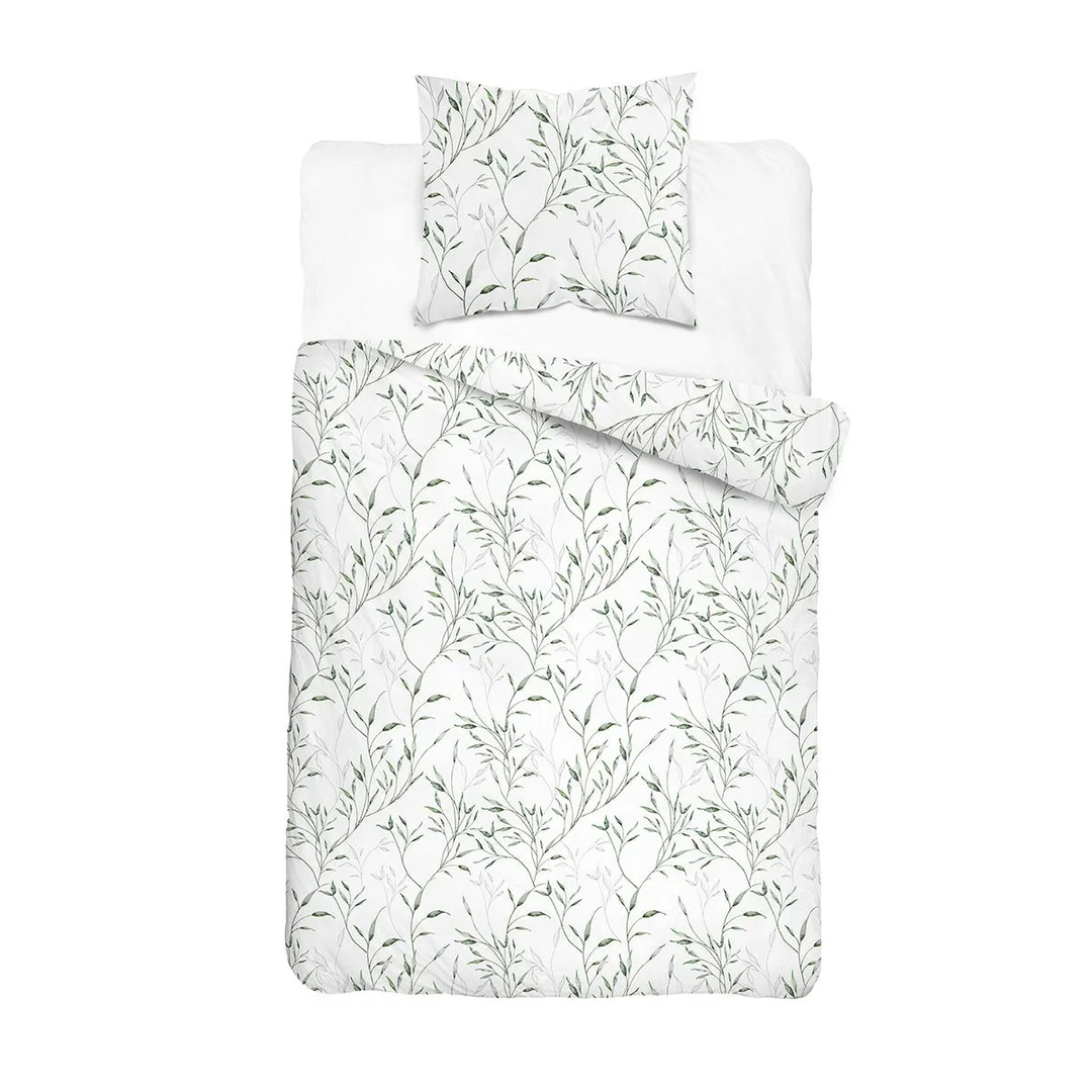 Pościel satynowa 140x200 biała w zielone liście - 5992 B - Home Satin