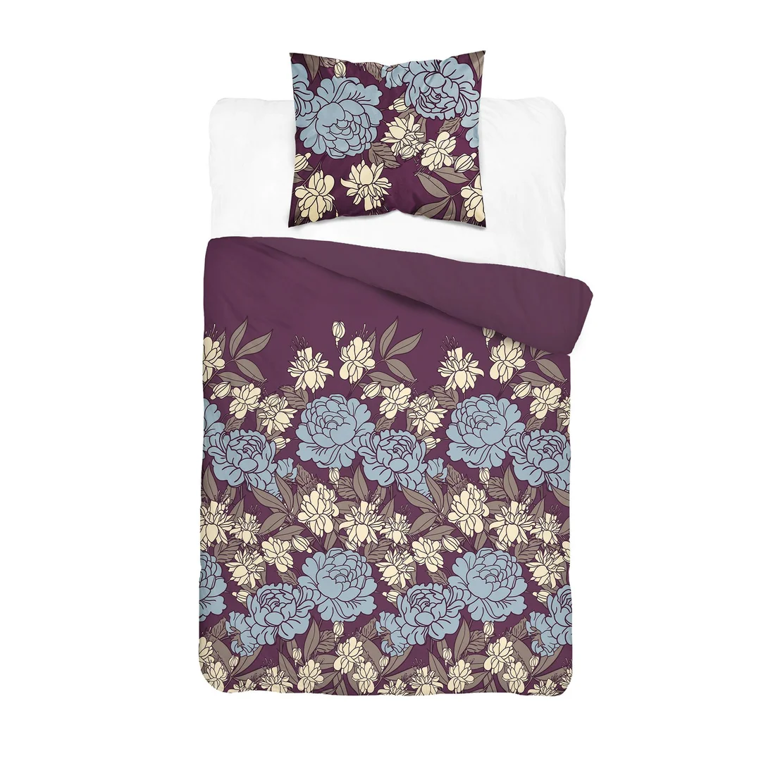 Pościel satynowa 140x200 bordowa w niebieskie beżowe kwiaty - 6065 B - Home Satin
