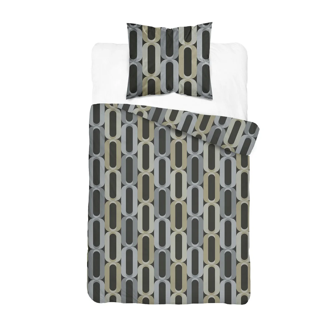 Pościel satynowa 140x200 szara beżowa w pionowy geometryczny wzór - 6071 A - Home Satin