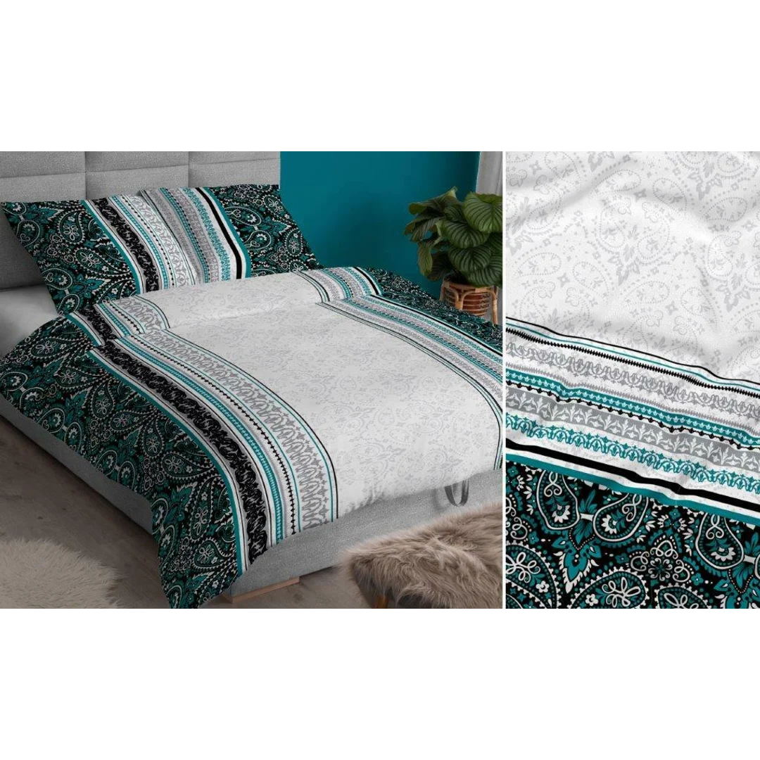 Pościel satynowa 140x200 turkusowa szara ornamenty zapinana na suwak 3907 C KARO Satin