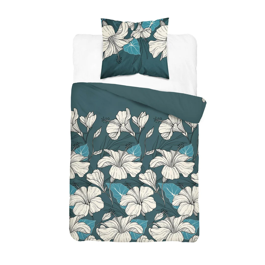 Pościel satynowa 140x200 turkusowa w białe kwiaty - 6062 B - Home Satin