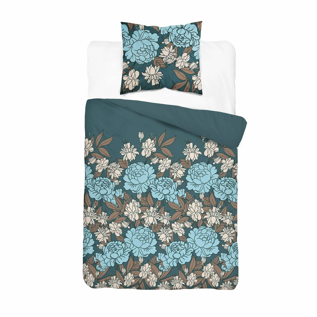Pościel satynowa 140x200 turkusowa w niebieskie beżowe kwiaty - 6065 A - Home Satin