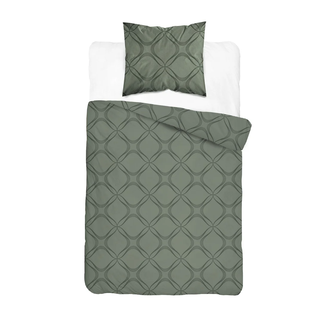 Pościel satynowa 140x200 zielona w geometryczny ornament - 6070 B - Home Satin