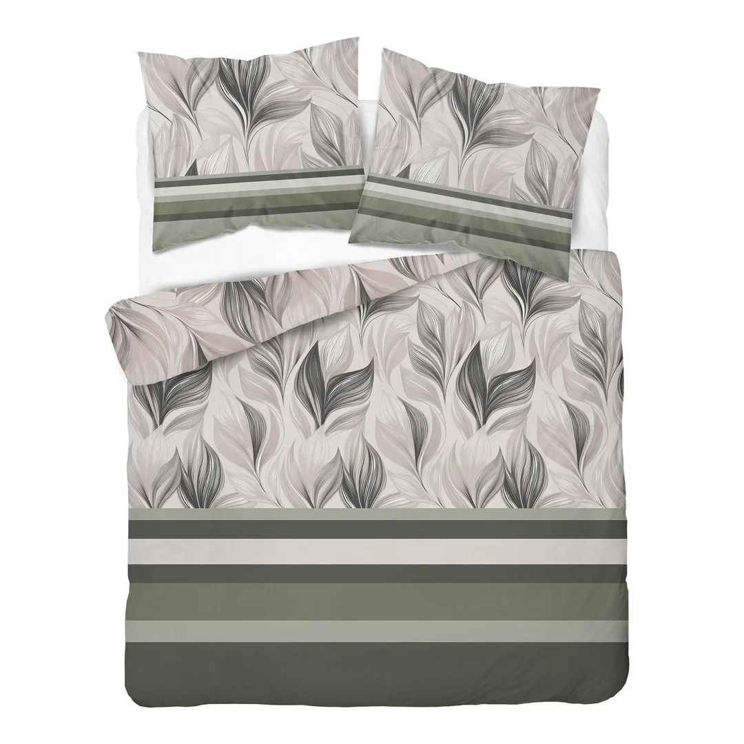 Pościel satynowa 160x200 beżowa zielona w liście i pasy - 6066 B - Home Satin