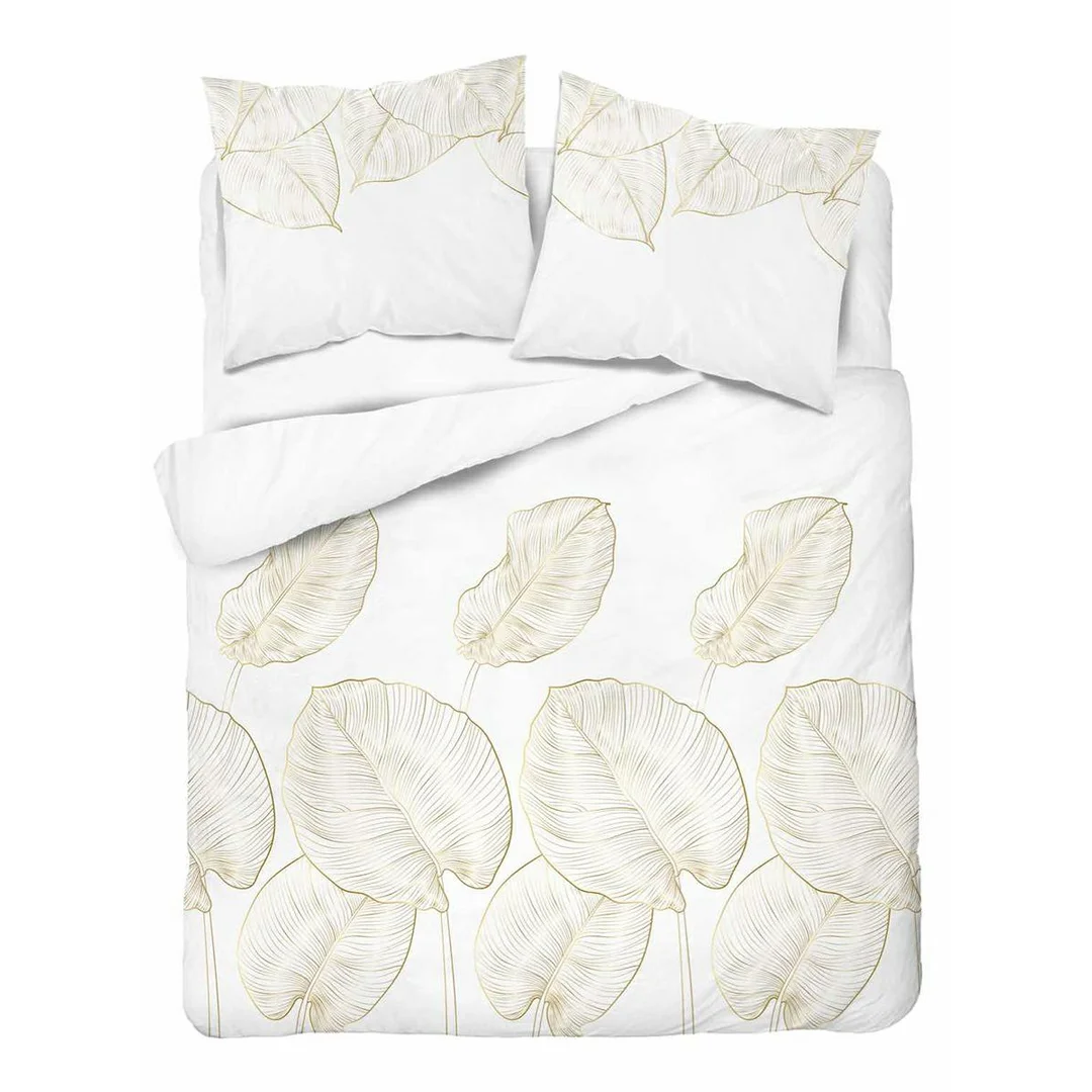 Pościel satynowa 160x200 biała w duże liście – 4678 A – Botanica Satin