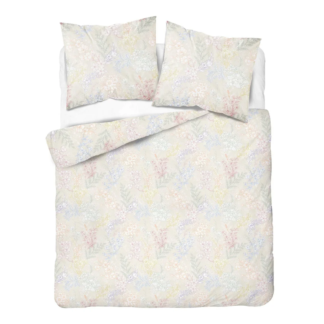 Pościel satynowa 160x200 biała w pastelowy roślinny wzór - 6064 A - Home Satin
