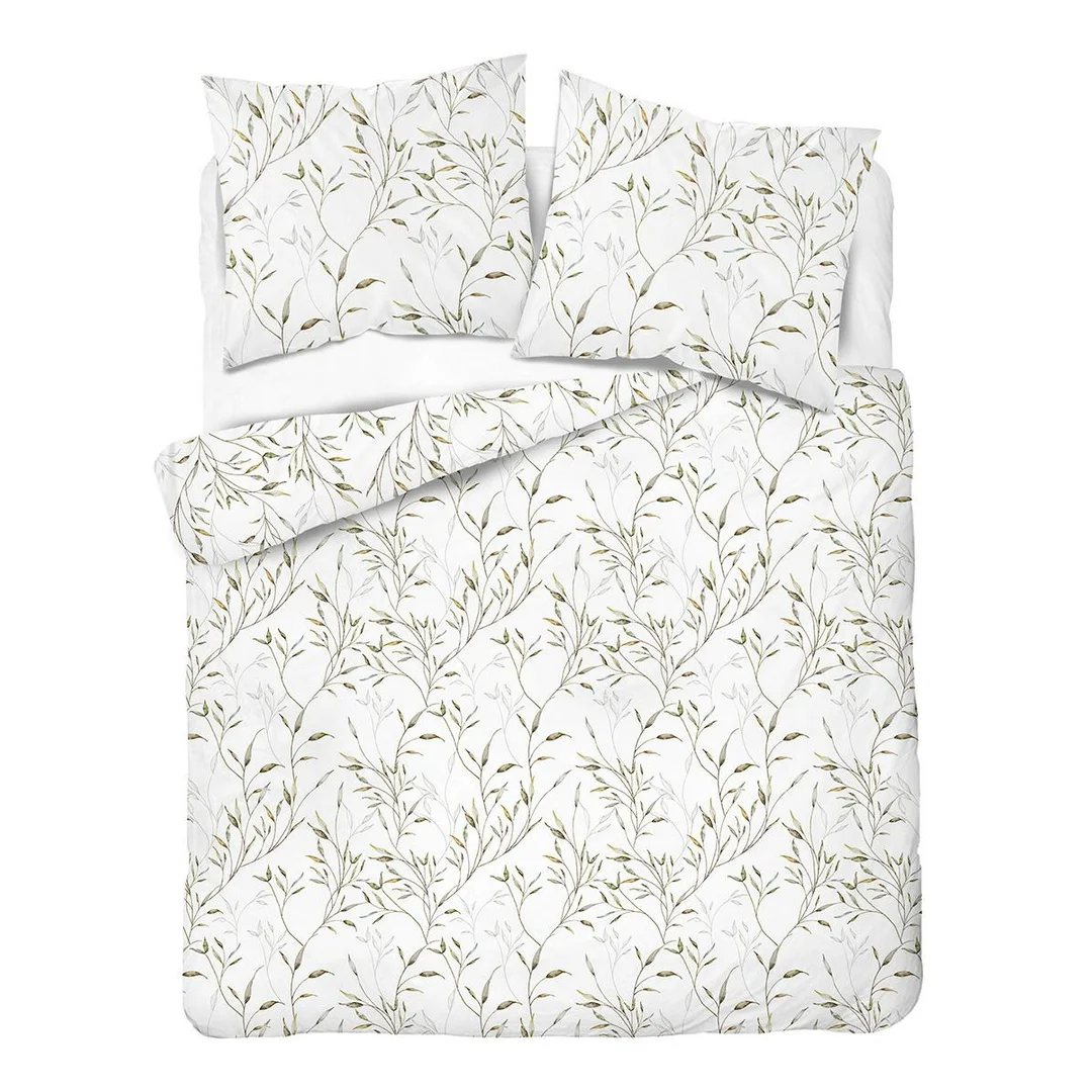 Pościel satynowa 160x200 biała w zielone liście - 5992 A - Home Satin