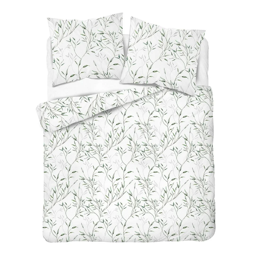 Pościel satynowa 160x200 biała w zielone liście - 5992 B - Home Satin