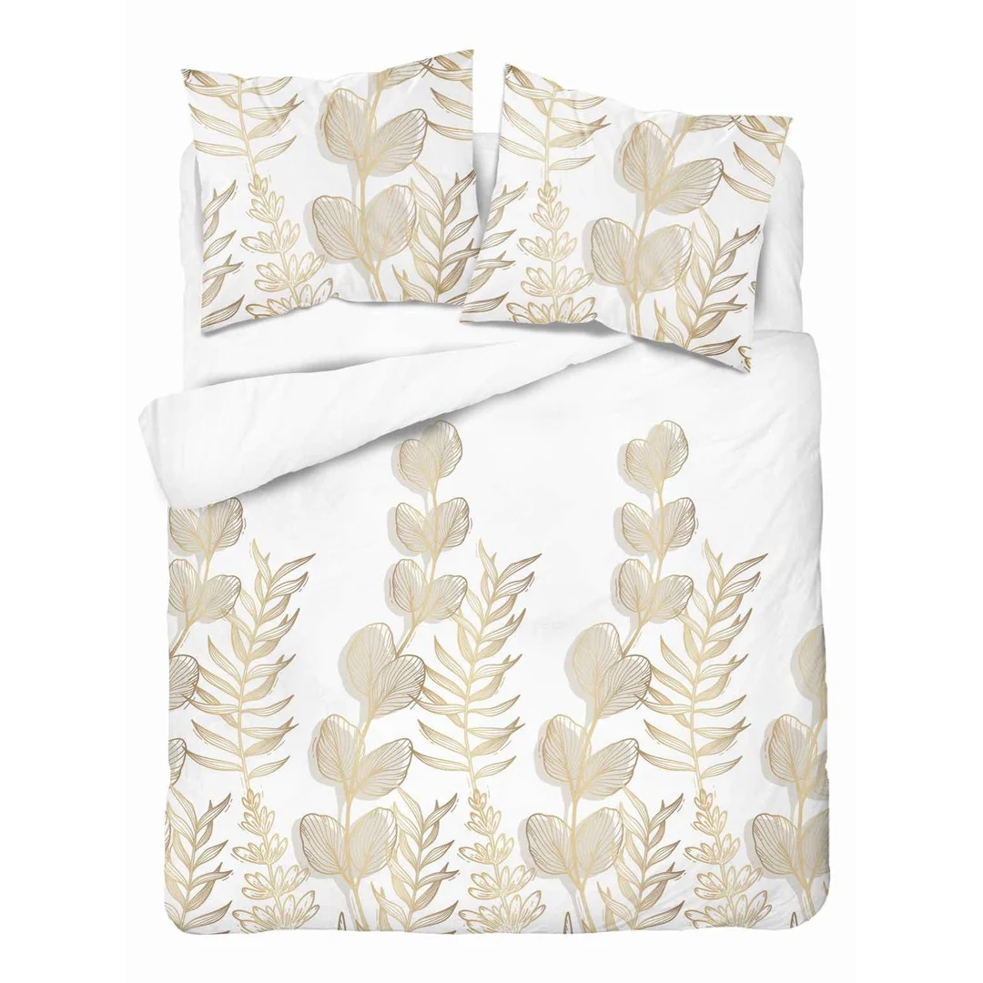 Pościel satynowa 160x200 Biała w złoto-beżowe liście – elegancki wzór, 100% bawełna 5477 B - Home Satin 71