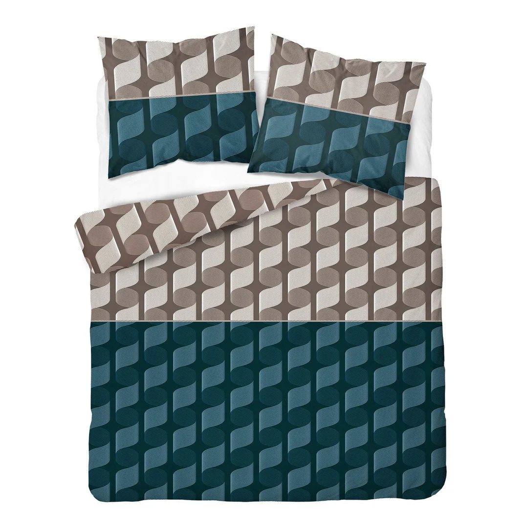 Pościel satynowa 160x200 brązowa turkusowa w geometryczną plecionkę - 6067 A - Home Satin