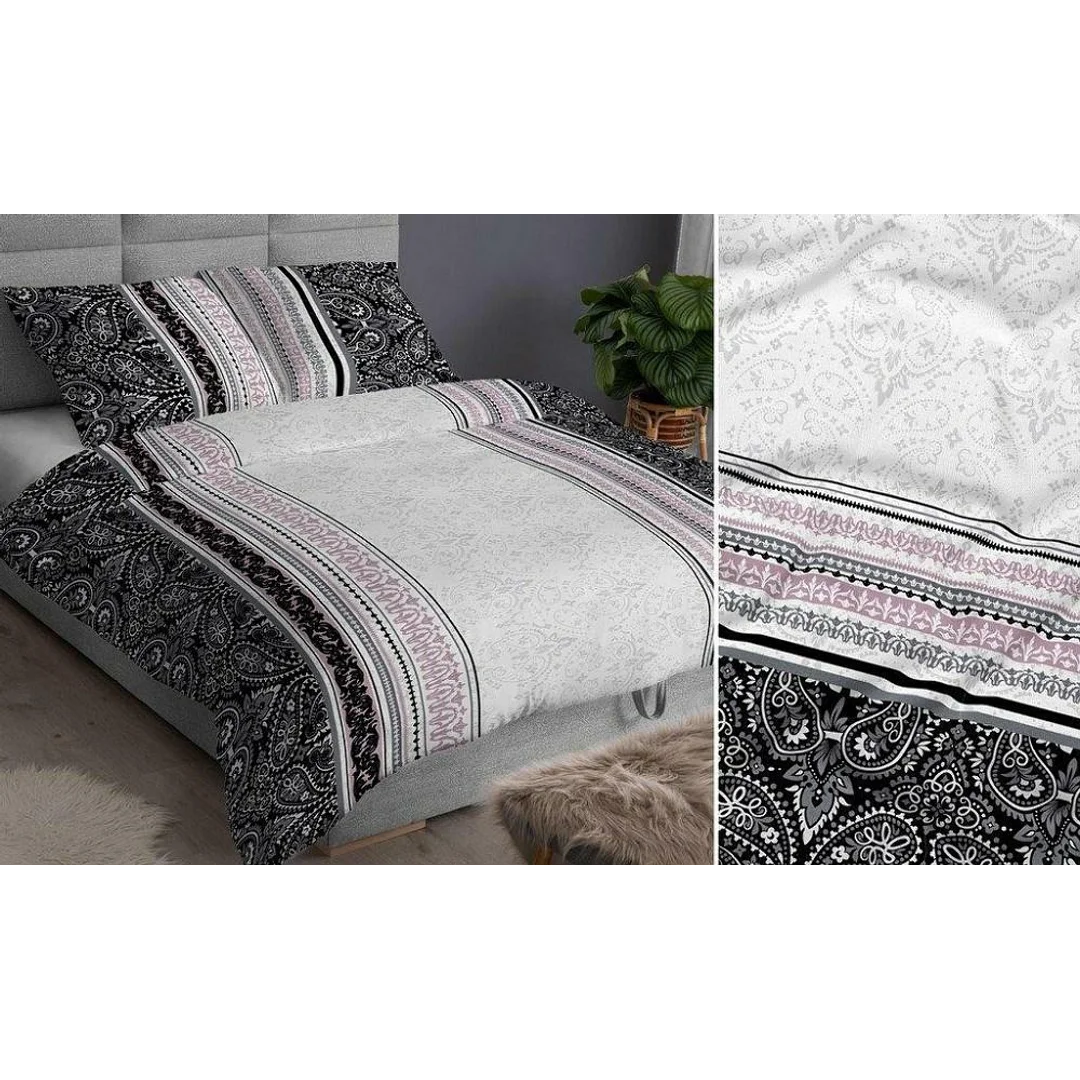 Pościel satynowa 160x200 czarna pudrowa ornamenty zapinana na suwak 3907 B KARO Satin