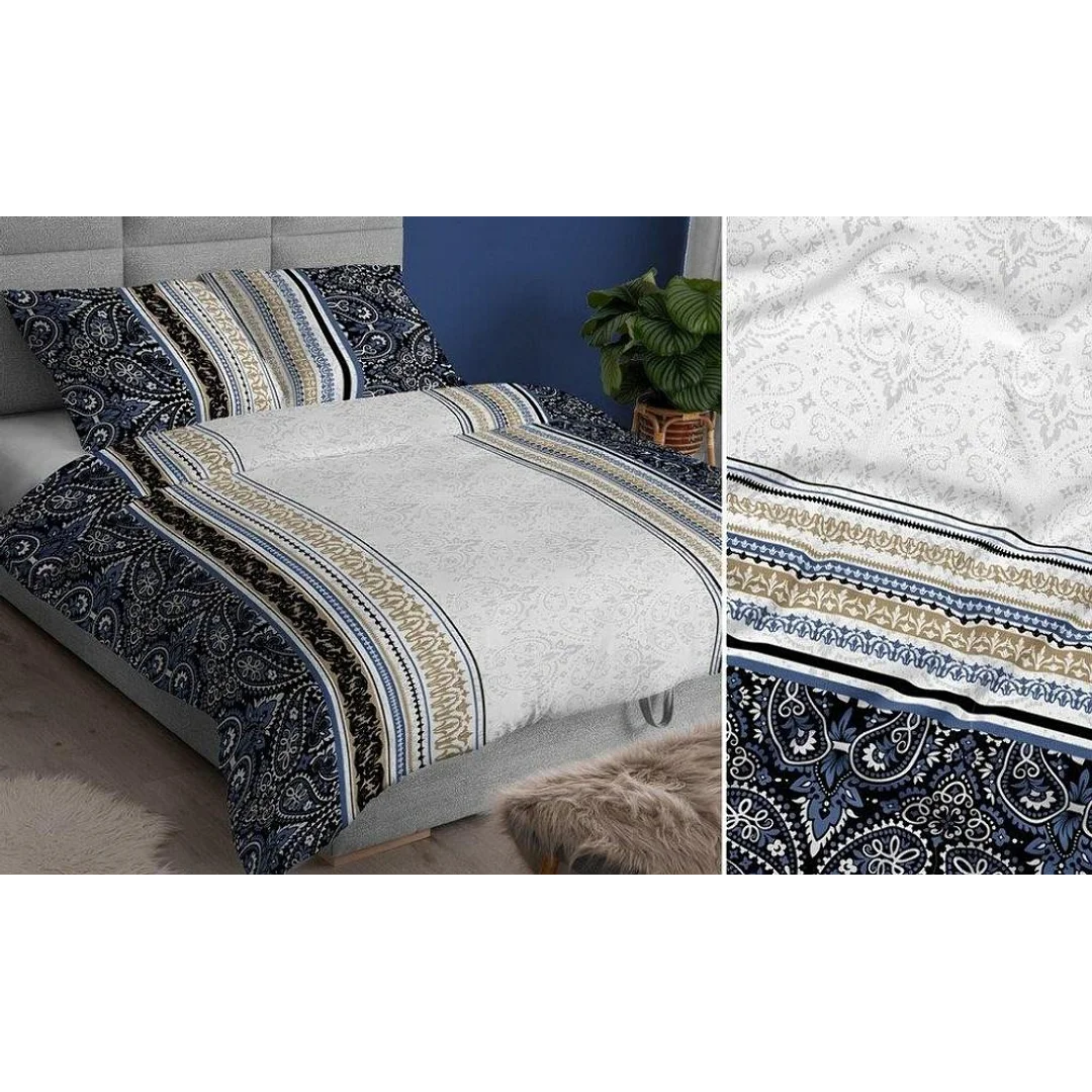 Pościel satynowa 160x200 granatowa szara ornamenty zapinana na suwak 3907 A KARO Satin