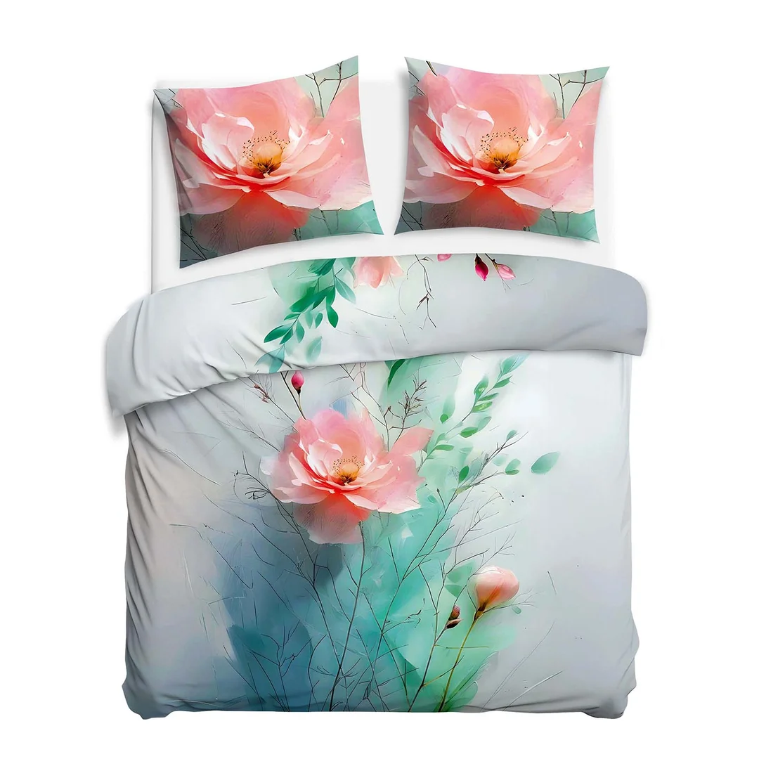 Pościel satynowa 160x200 jasna w różowe kwiaty i zielone liście delikatna elegancka - SATYNLOVE PREMIUM
