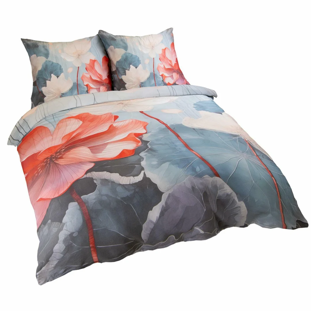 Pościel satynowa 160x200 Kwiaty niebieska czerwona 12406 SATYNLOVE PREMIUM